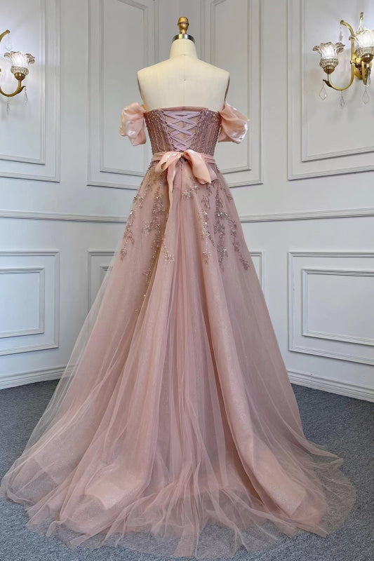 Pink Off-Shoulder Bubble Sleeve Prom Dress with Sequins and Tulle Belt