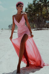 Pink Spaghetti-Strap Deep V-Neck Mermaid Prom Dress with Slit