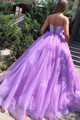 Lilac Tulle Spaghetti-Strap Backless Ball Gown Prom Dress, Full Skirt