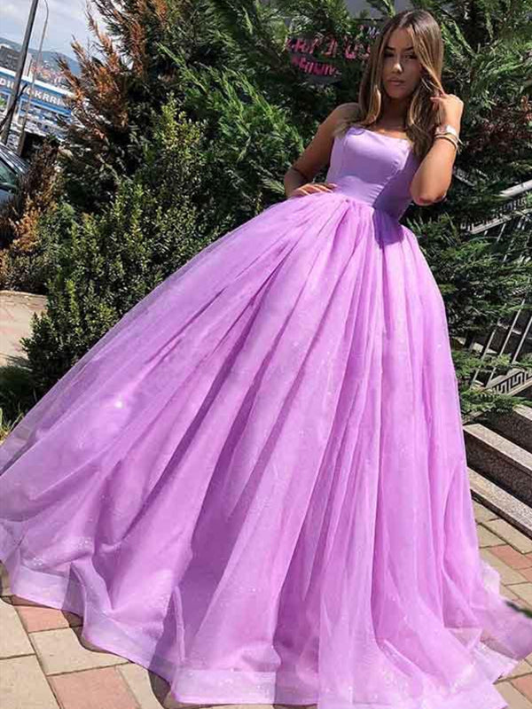 Lilac Tulle Spaghetti-Strap Backless Ball Gown Prom Dress, Full Skirt