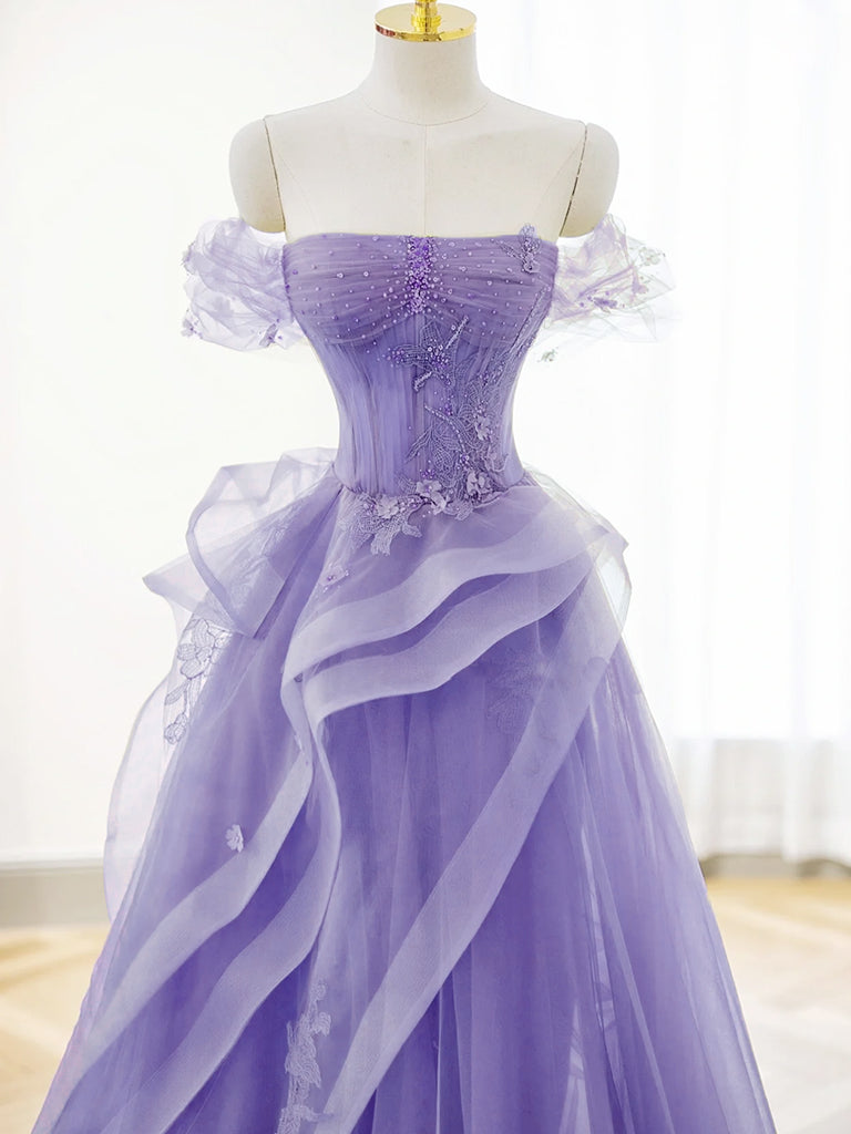 Stunning Purple A-Line Off Shoulder Tulle Lace Prom Gown
