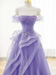 Stunning Purple A-Line Off Shoulder Tulle Lace Prom Gown