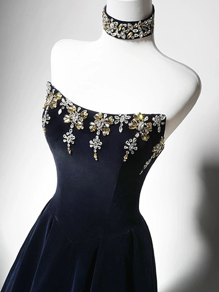 Simple A-Line Velvet Dark Blue Long Prom Dress with Beads