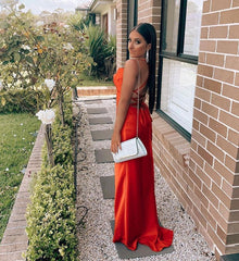 Red Satin Spaghetti Strap Evening Gown with High Slit