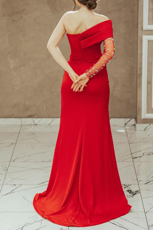 Stunning Red Long Sleeve One-Shoulder Mermaid Prom Dress with Elegant Beading
