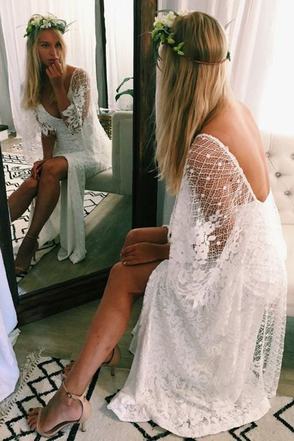 Romantic Bat Sleeve Lace Sheath Wedding Dress Bridal Gown for Women