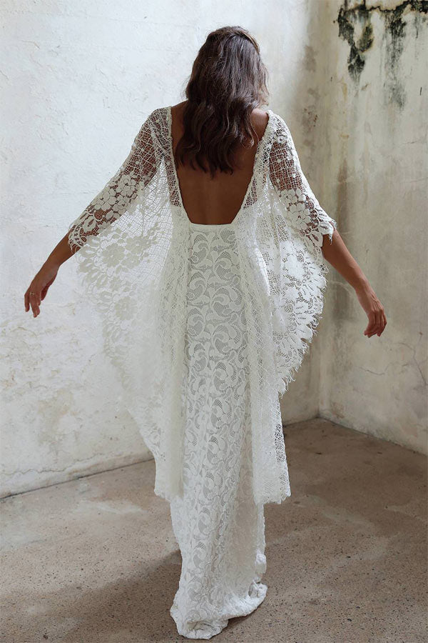 Romantic Bat Sleeve Lace Sheath Wedding Dress Bridal Gown for Women Romantic Bat Sleeve Lace Sheath Wedding Dress Bridal Gown for Women