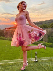 Enchanting Rose Pink Short Prom Dress with 3D Floral Appliques Thin Straps