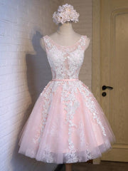 Elegant Pink Lace Prom Dress: Short Round Neck, Perfect for Graduation & Homecoming