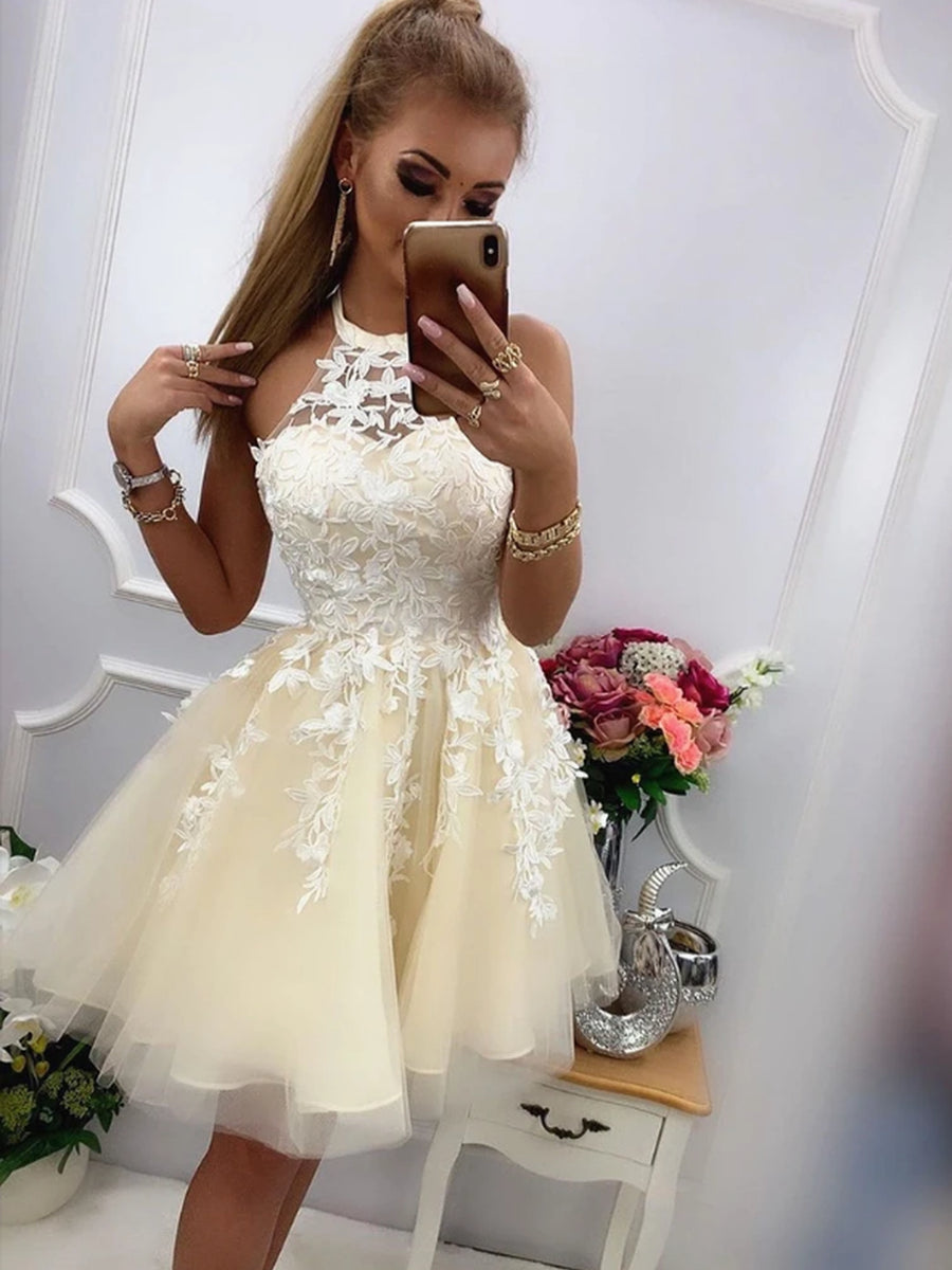 Elegant Short Yellow Lace Prom Dress with Round Neckline and A-Line Silhouette