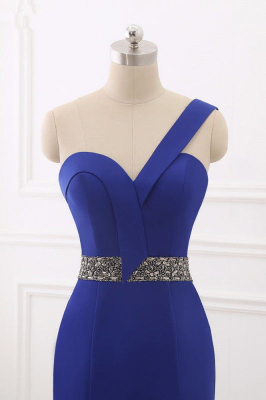 Elegant Royal Blue One-Shoulder Mermaid Prom Dress with Beaded Back Design