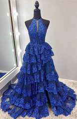 Elegant Halter Tulle Sequin A-Line Prom Dress with Dazzling Split Front