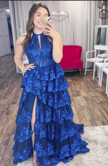 Elegant Halter Tulle Sequin A-Line Prom Dress with Dazzling Split Front