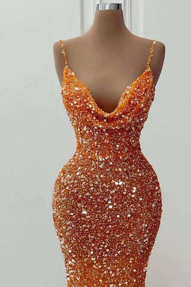 Orange Sequin V-Neck Mermaid Prom Dress with Spaghetti Straps