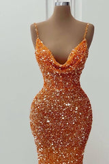 Orange Sequin V-Neck Mermaid Prom Dress with Spaghetti Straps