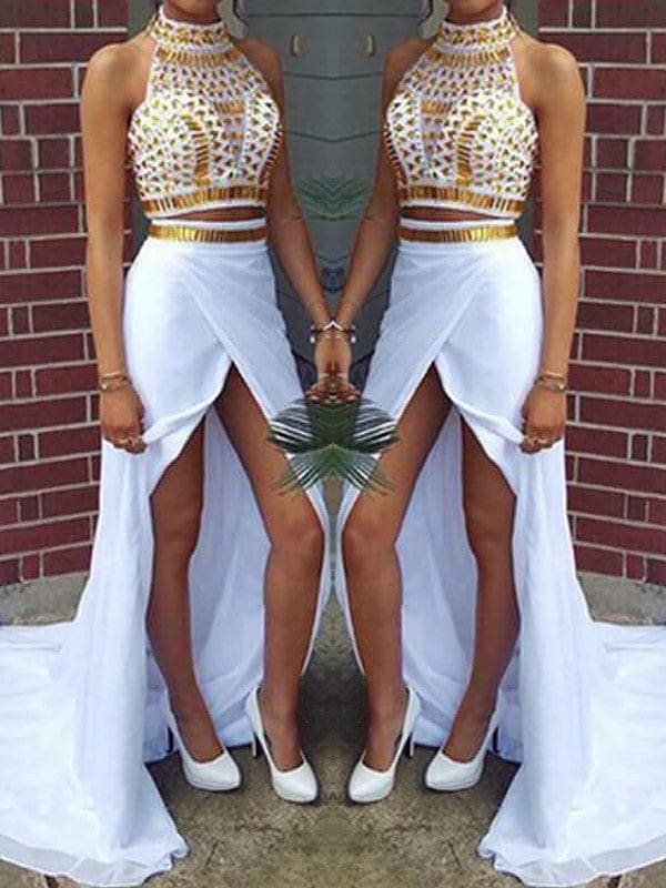 Elegant Halter Sleeveless Beaded Chiffon Prom Dress with Sweep Train