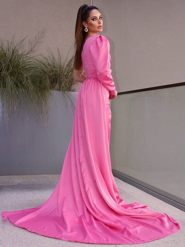 Elegant One-Shoulder Long Sleeve Ruched Charmeuse Prom Dress with Front Slit