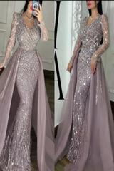 Elegant V-Neck Mermaid Prom Dress with Shimmering Long Sleeves and Beading