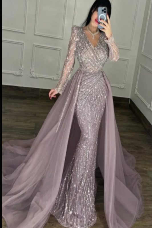 Elegant V-Neck Mermaid Prom Dress with Shimmering Long Sleeves and Beading