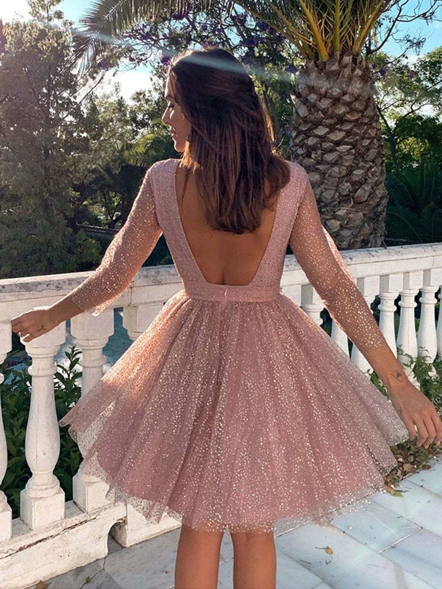 long sleeve sequin dress mini Long Sleeve Plunge Front Draped Detail Mini Dress In Gold Sequin | EGO US