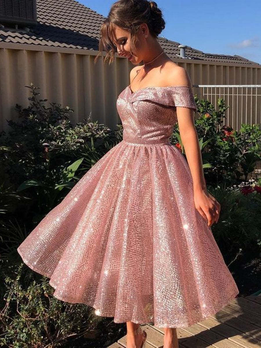 Sparkly Rose Pink Off-Shoulder Knee-Length Prom Dress: Shimmering Formal Homecoming Gown