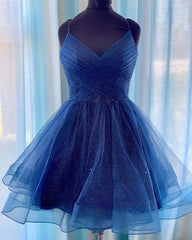Shiny V-Neck Navy Blue Short Prom Homecoming Dress Graduation Evening