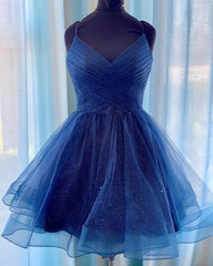 Shiny V-Neck Navy Blue Short Prom Homecoming Dress Graduation Evening