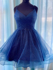 Shiny V-Neck Navy Blue Short Prom Homecoming Dress Graduation Evening