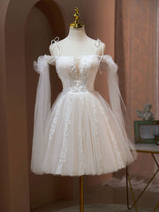 Champagne A Line Tulle Short Off Shoulder Lace Prom Homecoming Dress