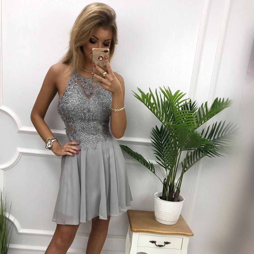 Short Gray and Red Lace Prom Dress: High Neck Homecoming Gown