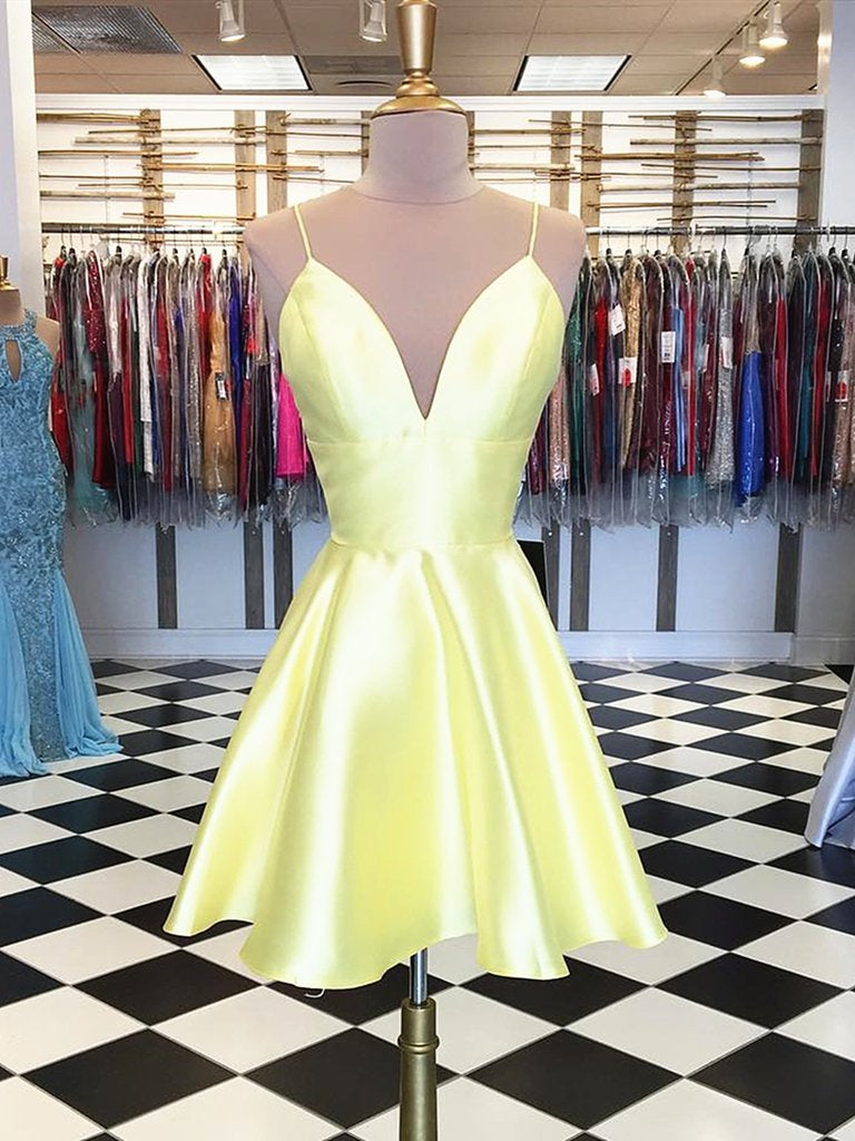 Elegant A-Line V-Neck Yellow Homecoming Dress Short Prom Graduation Evening