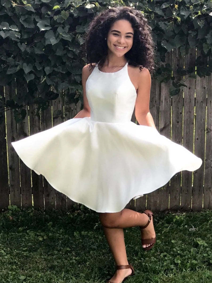 Simple Round Neck White Satin Short Homecoming Graduation Evening Dress Simple Round Neck White Satin Short Homecoming Graduation Evening Dress
