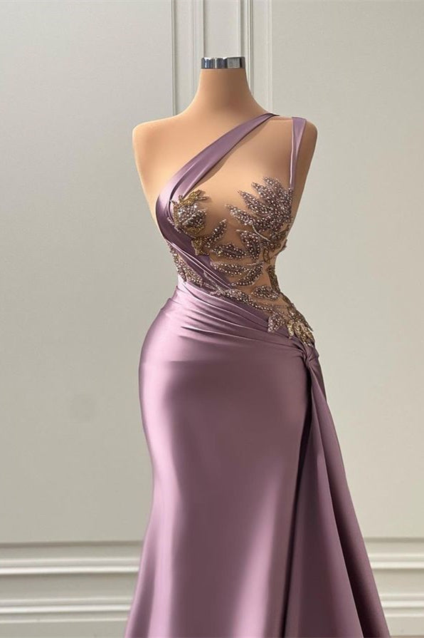 Strapless Purple Satin Prom Gown with Pleated Beading