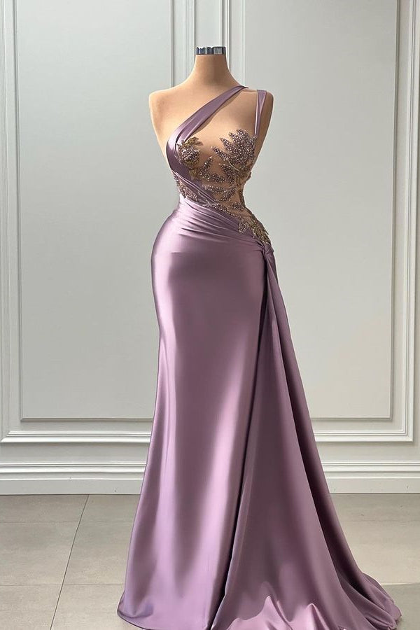 Strapless Purple Satin Prom Gown with Pleated Beading