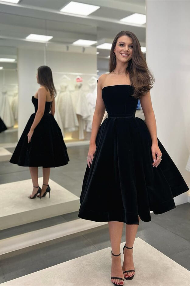 Strapless Velvet Tea-Length Black Prom Dress with Fitted Bodice