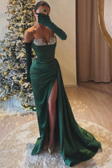 Sleeveless Side-Split Column Ruched Satin Prom Dress with Stylish Diamond Accents