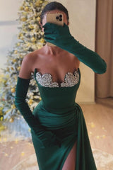 Sleeveless Side-Split Column Ruched Satin Prom Dress with Stylish Diamond Accents