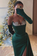 Sleeveless Side-Split Column Ruched Satin Prom Dress with Stylish Diamond Accents