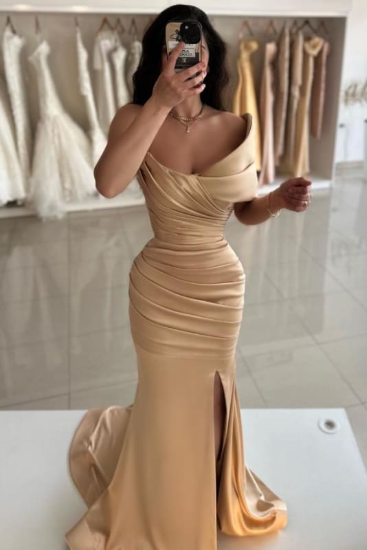 Elegant Off-Shoulder Ruched Satin Mermaid Prom Dress with Flattering Silhouette Elegant Off-Shoulder Ruched Satin Mermaid Prom Dress with Flattering Silhouette