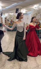 Elegant One-Shoulder Beaded Long Sleeve Ruched Satin Prom Gown for Women
