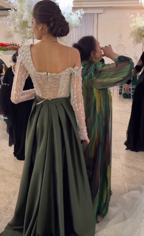 Elegant One-Shoulder Beaded Long Sleeve Ruched Satin Prom Gown for Women