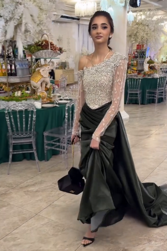 Elegant One-Shoulder Beaded Long Sleeve Ruched Satin Prom Gown for Women
