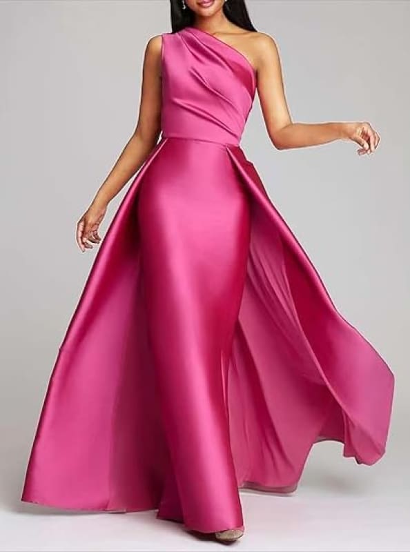 Elegant One-Shoulder Satin Ruched A-Line Prom Dress Long Evening Gown