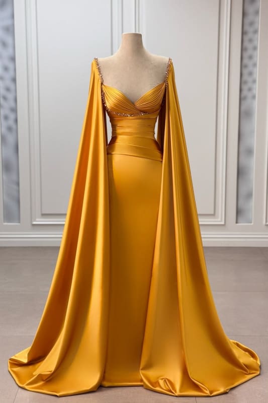 Elegant Ruched Satin Mermaid Prom Dress with Flowing Cape