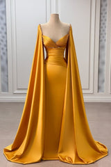 Elegant Ruched Satin Mermaid Prom Dress with Flowing Cape