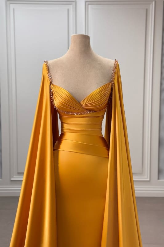 Elegant Ruched Satin Mermaid Prom Dress with Flowing Cape Elegant Ruched Satin Mermaid Prom Dress with Flowing Cape