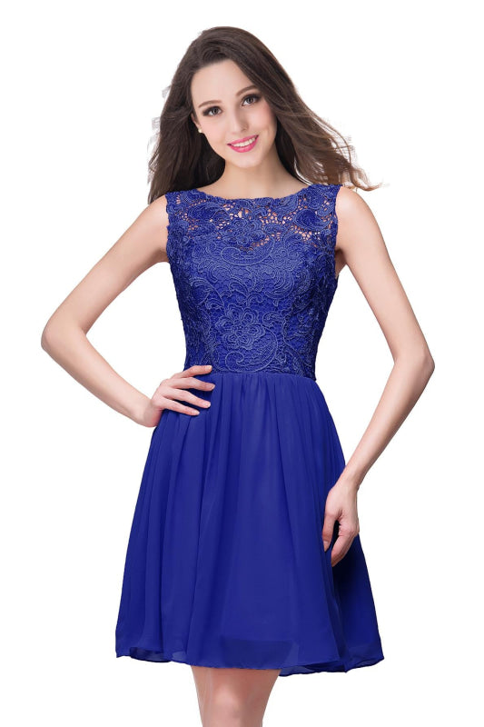 Elegant Sleeveless Chiffon Homecoming Dress with Floral Lace Mini Party