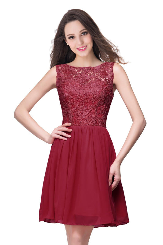 Elegant Sleeveless Chiffon Homecoming Dress with Floral Lace Mini Party