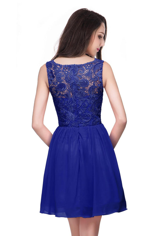 Elegant Sleeveless Chiffon Homecoming Dress with Floral Lace Mini Party