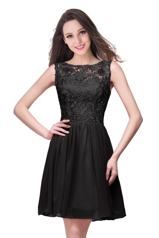 Elegant Sleeveless Chiffon Homecoming Dress with Floral Lace Mini Party